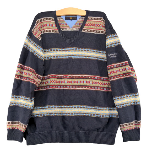 Tommy Hilfiger Golf Men's Pullover Sweater Blue Large Fair Isle Striped V-Neck - Picture 1 of 12